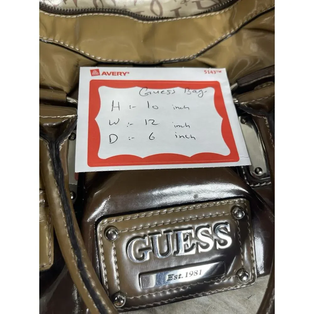 GUESS Patent Leather Satchel Shoulder Bag Brown Tan Logo Purse W015017